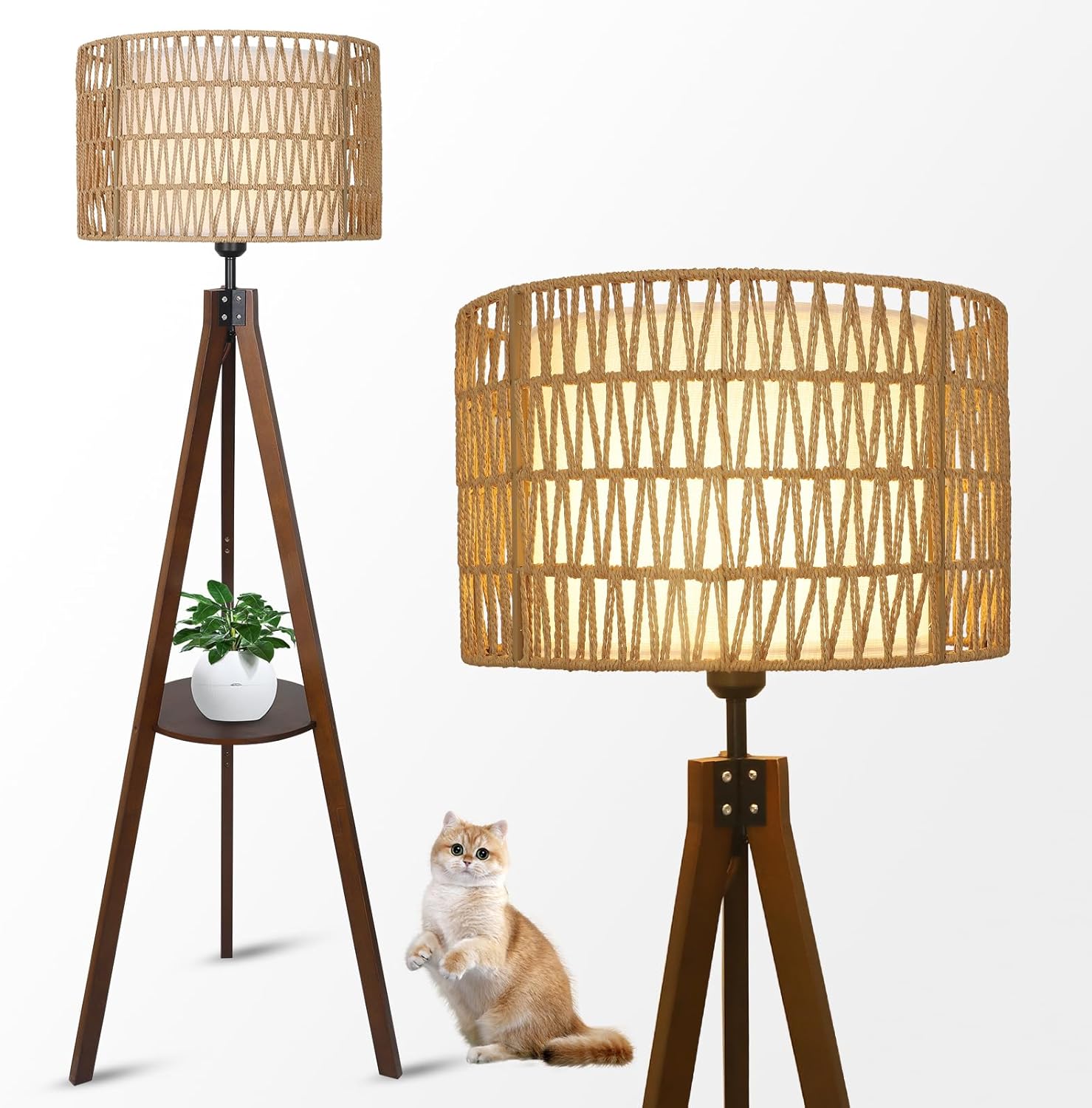 Boho Tripod Floor Lamp with Shelves for Modern Home Decor