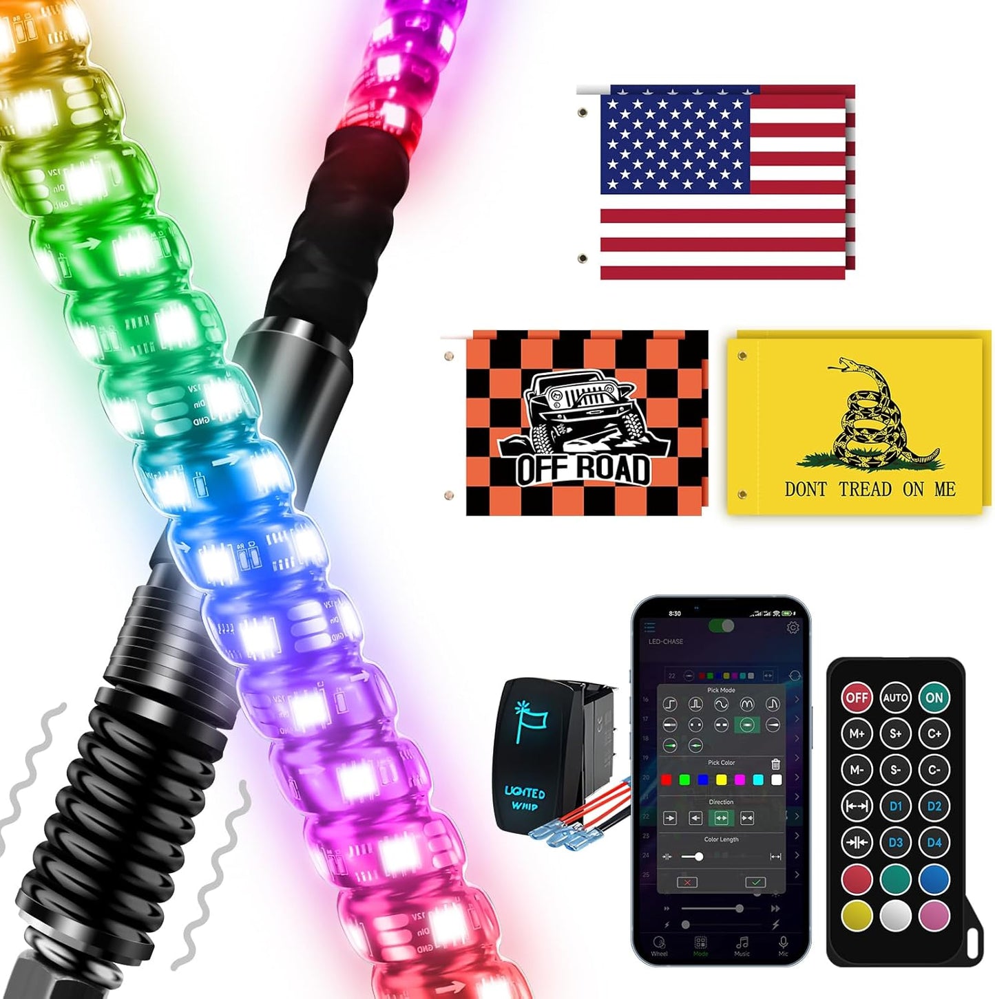2PCS 3FT LED Whip Lights with App Control for Off-Road Fun