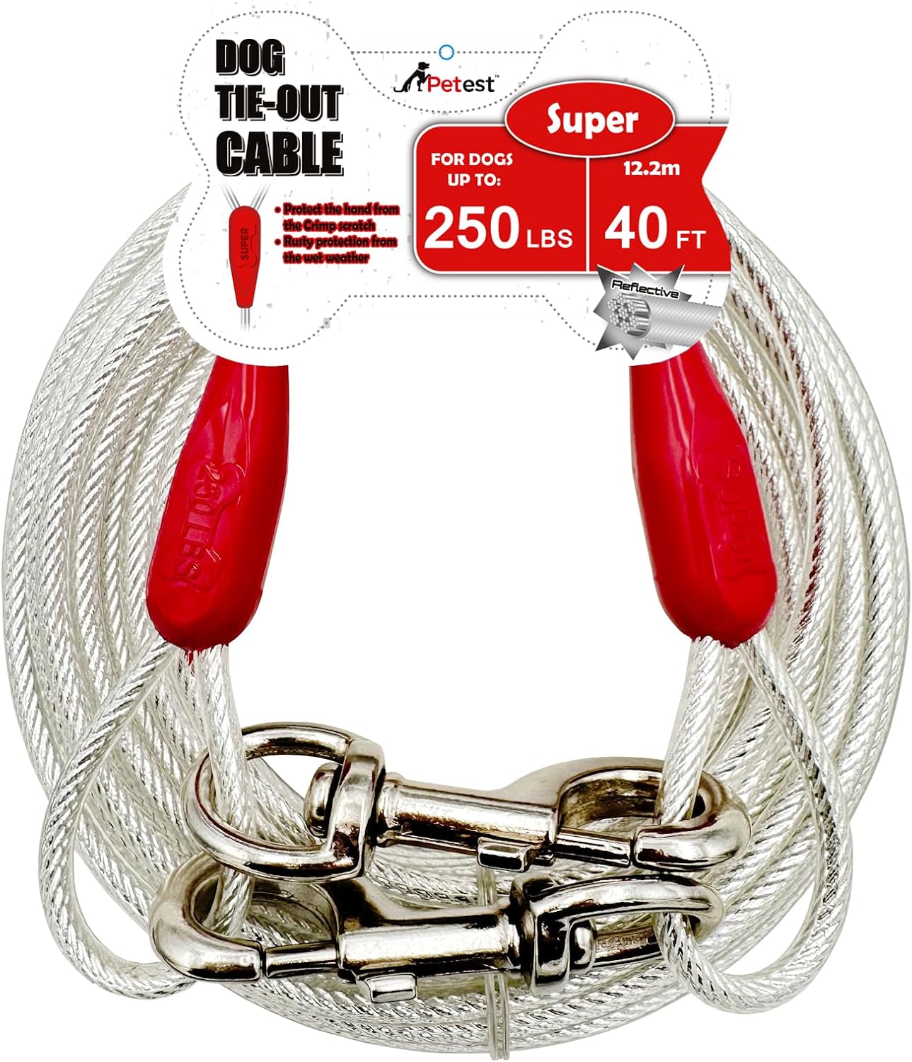 Petest 40ft Reflective Tie-Out Cable for Super Dogs Up to 250 lbs