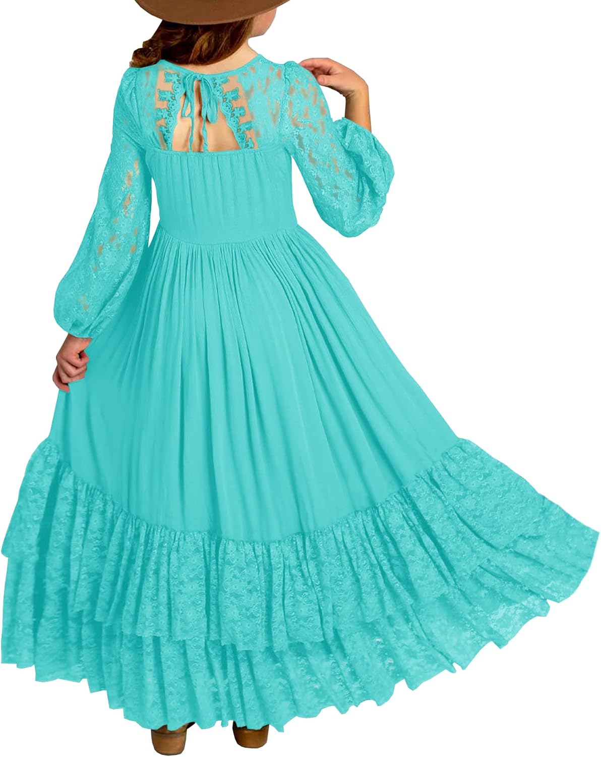 MITILLY Girls Boho Long Sleeve Backless Lace Flower Dress