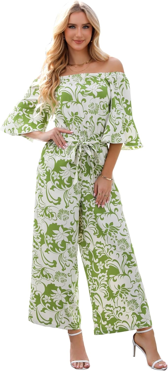 Floral Off Shoulder Wide Leg Jumpsuit for Women 2025 Casual Outfit