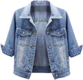 Womens Cropped 3/4 Sleeve Denim Jacket - Lightweight Casual Layer