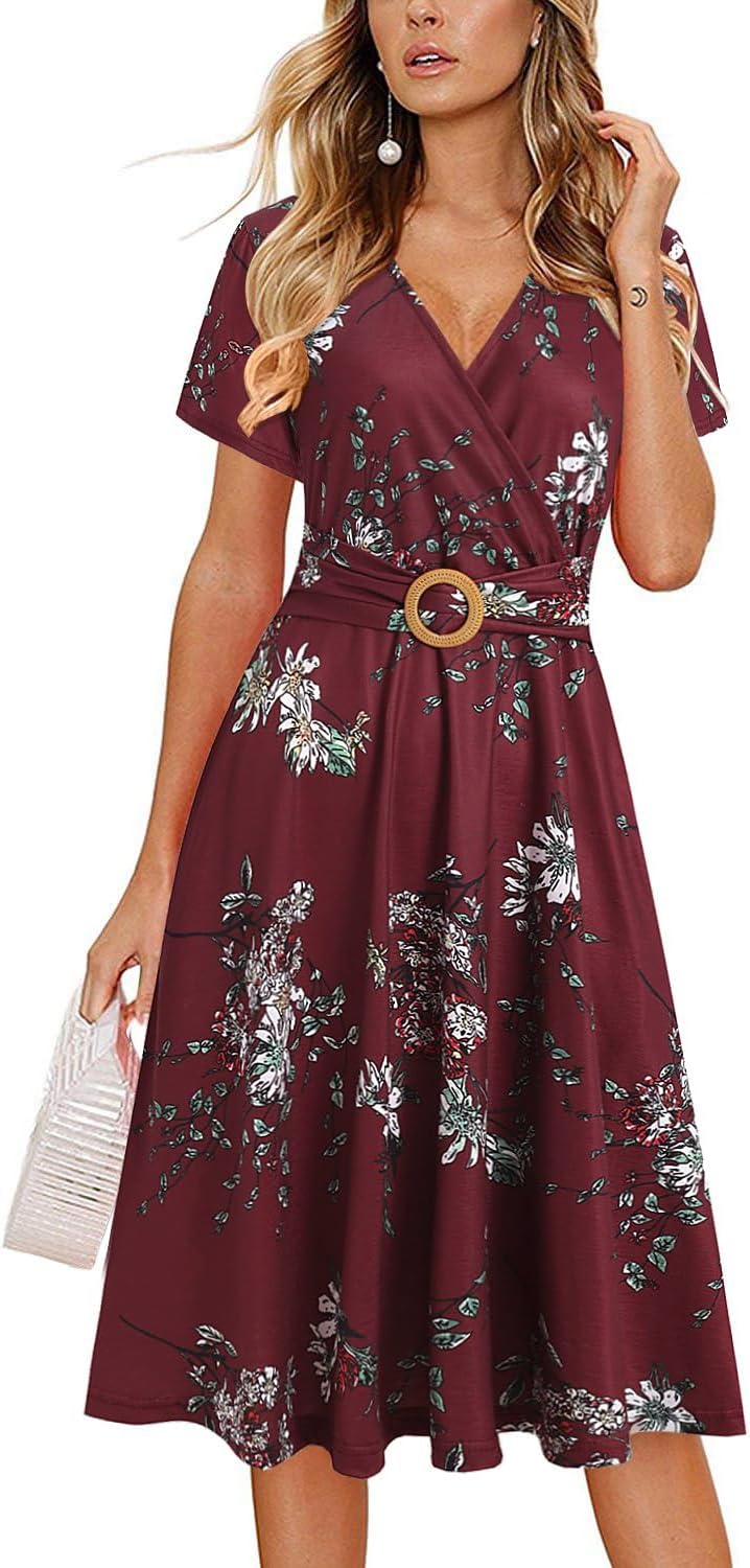 Elegant Criss-Cross V Neck Vintage Tea Dress with Pockets