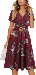 Women's Faux Wrap V Neck Fit and Flare Knee Dress - With Pockets
