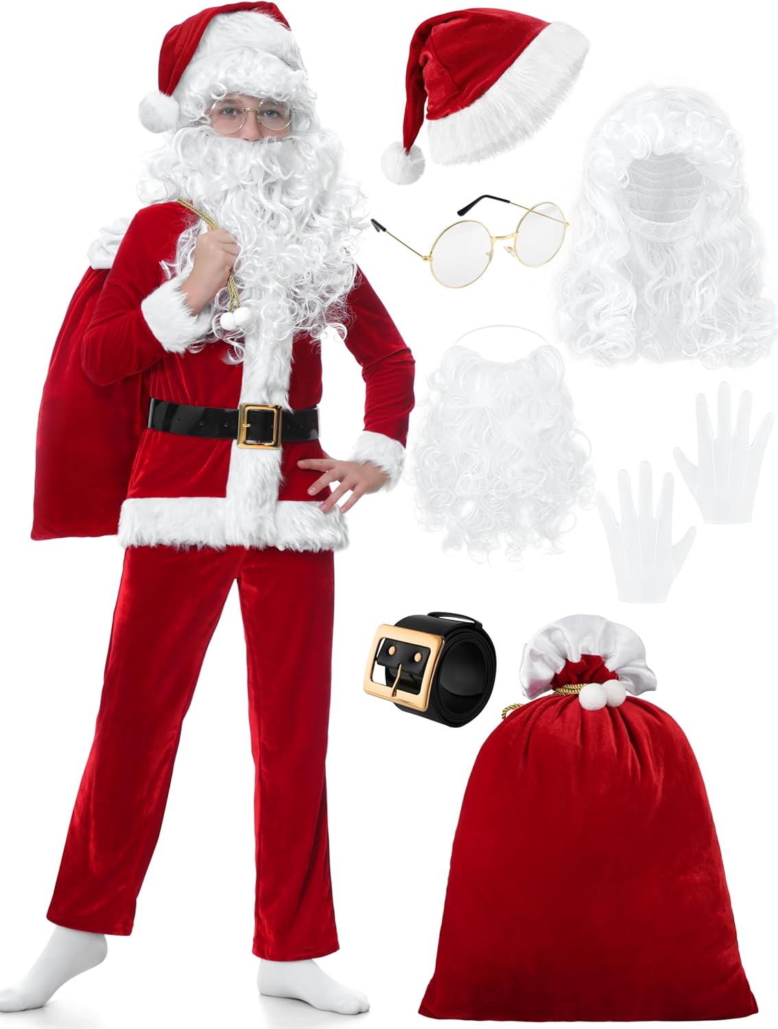 Kids Santa Costume Set for Christmas Cosplay - 9PCS Outfit