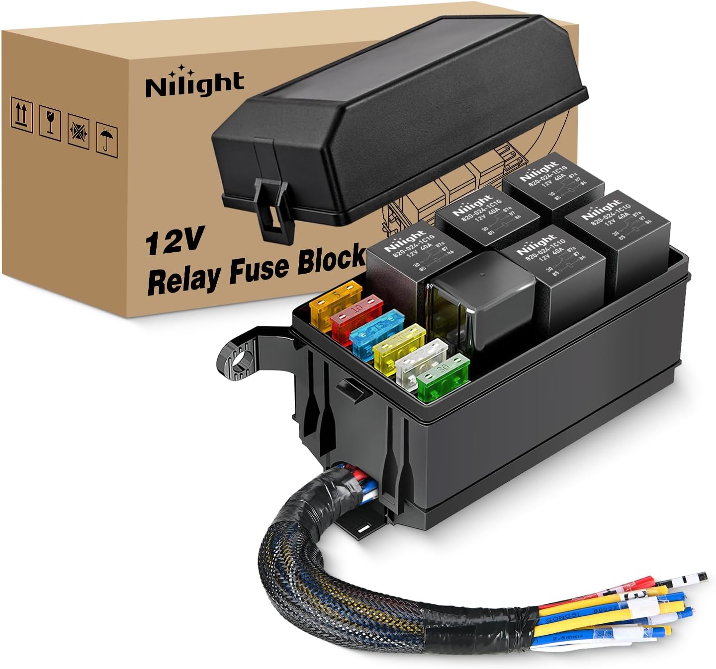 Nilight 12V Fuse Relay Box with 6 Relays for Automotive Use