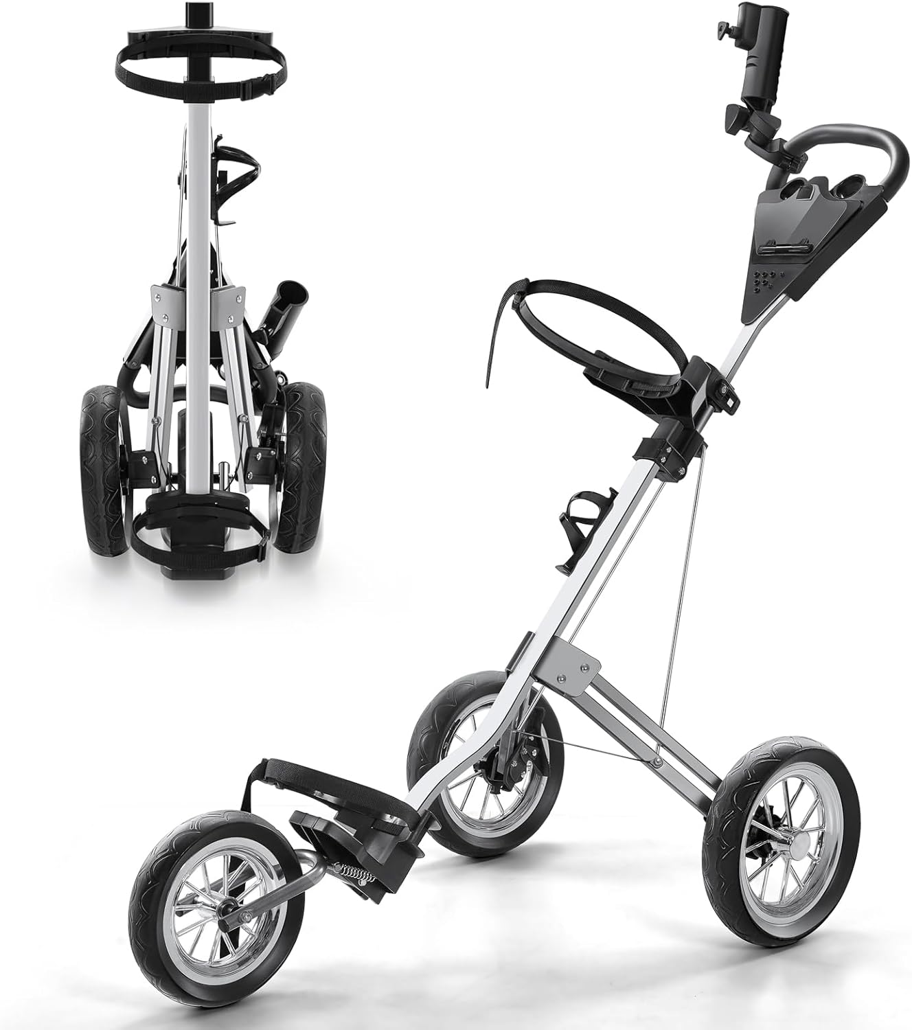 New-Version 3-Wheel Golf Push Cart: Foot Brake, Umbrella & Beverage Holder!