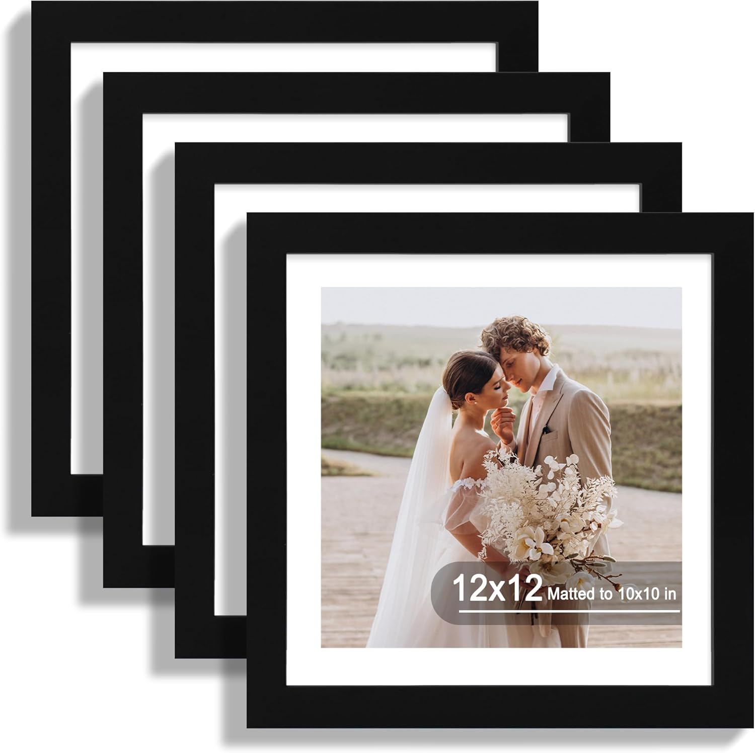 12x12 Picture Frame Set of 4 - Stylish Black Wooden Frames