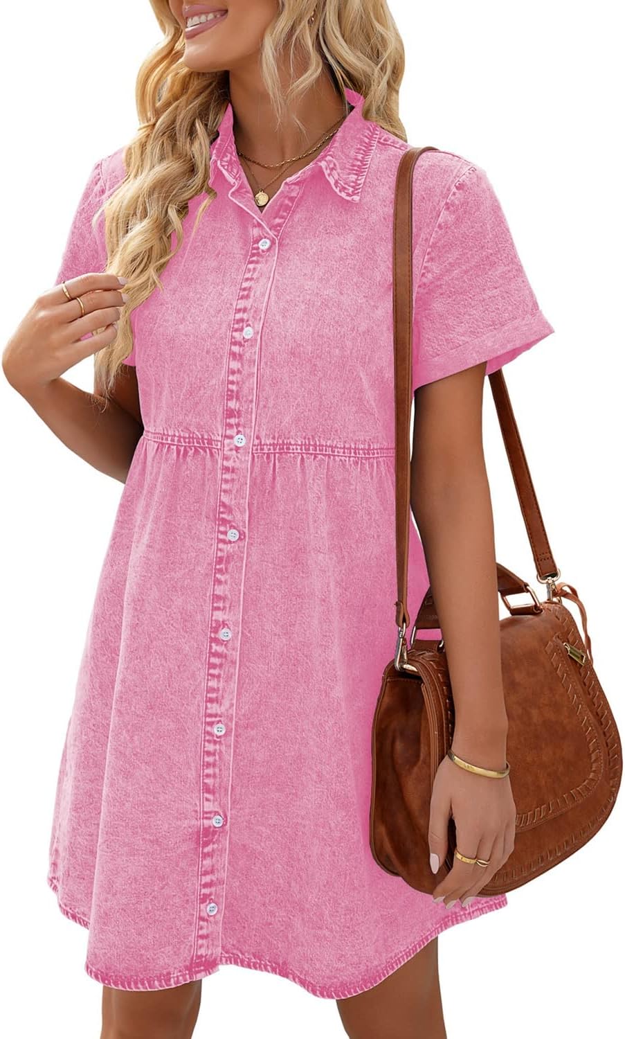 LookbookStore Women's Short Sleeve Button Down Denim Dress