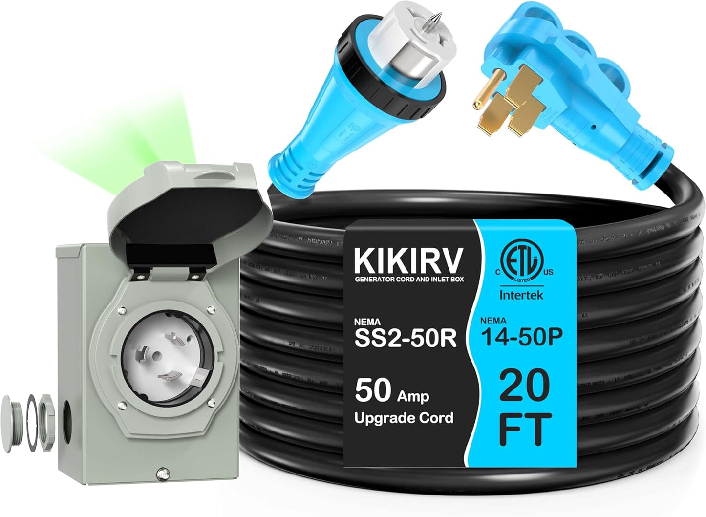 20 Feet 50 Amp Generator Cord and Power Inlet Box Combo Kit