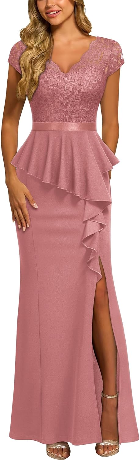 Elegant Floral Lace Ruffle Split Cocktail Party Long Dress