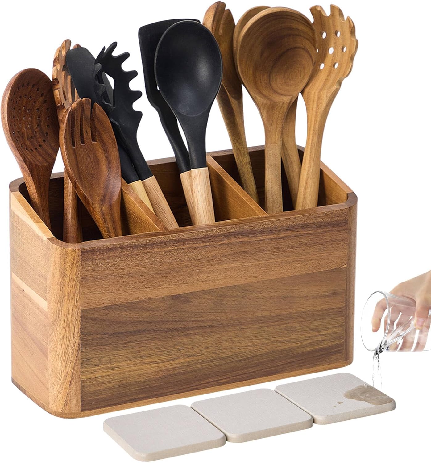 Wooden Utensil Holder for Kitchen Counter - Acacia Wood Caddy