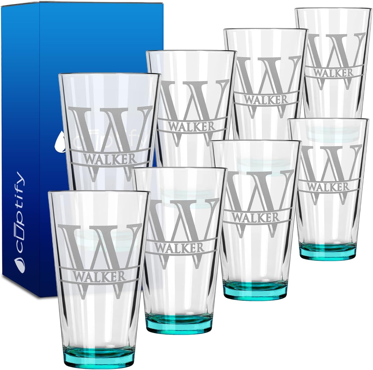 Personalized Beer Glasses Set of 8 Engraved Teal Pint Glasses