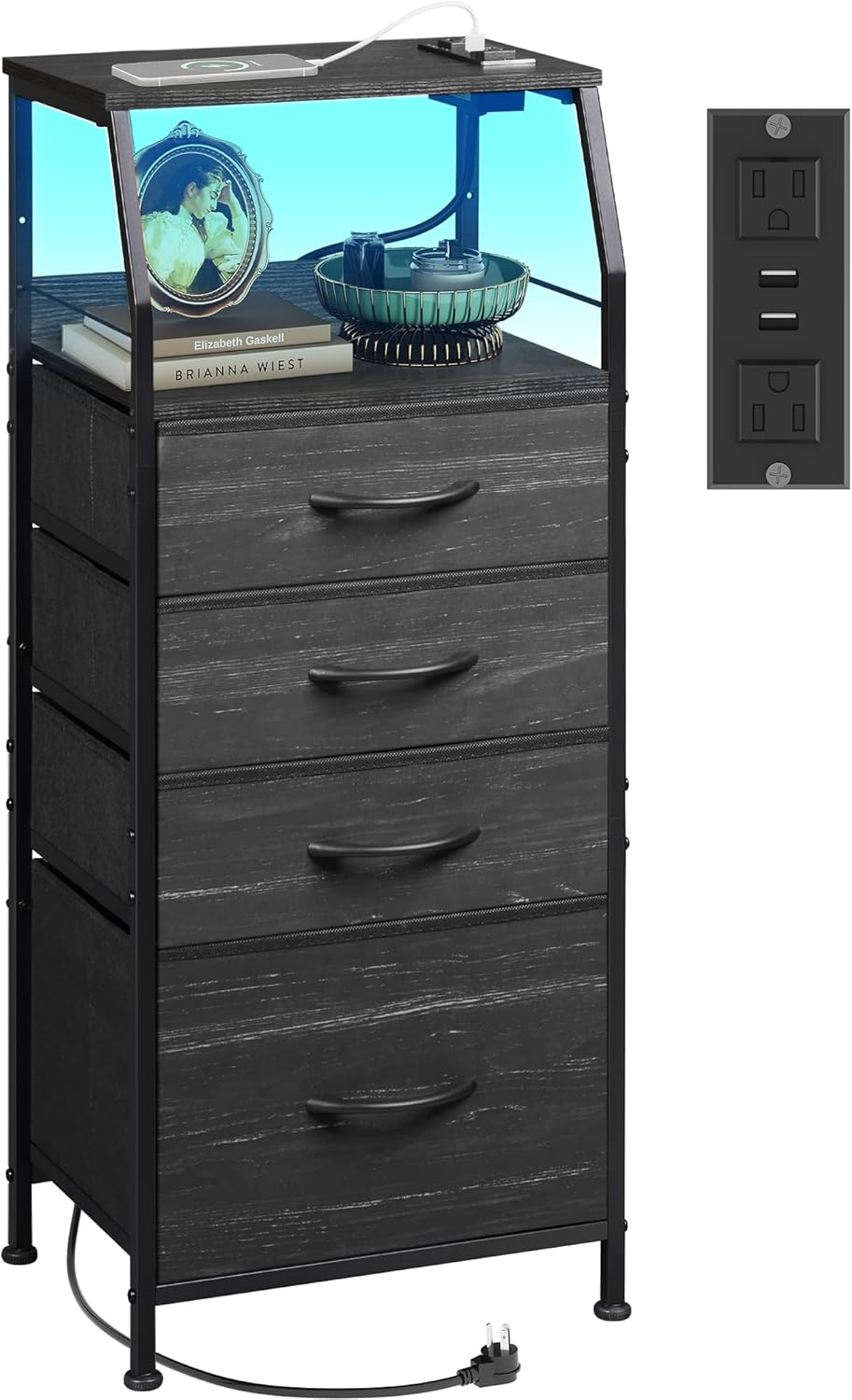 WLIVE Nightstand with Charging Station and LED Light Features