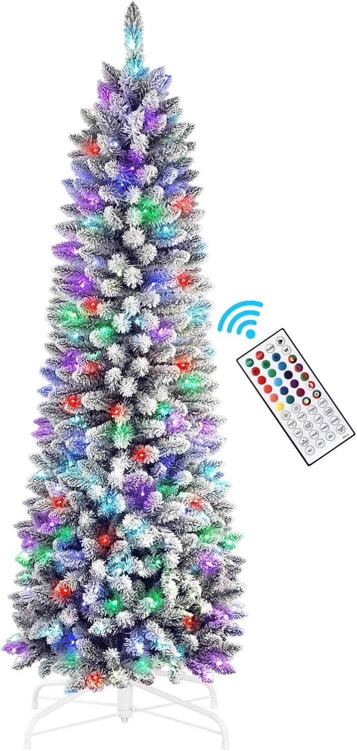 7.5ft Prelit Snow Flocked Artificial Christmas Tree with RGB Lights