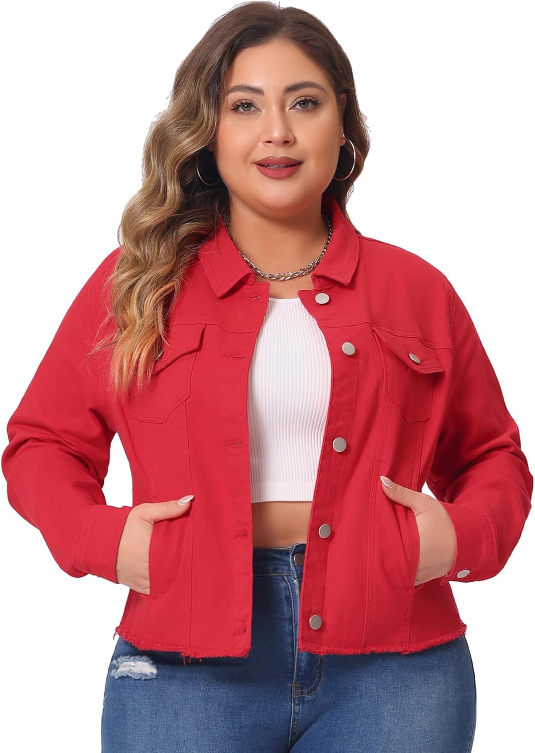 Classic Plus Size Frayed Denim Jacket for Women by Agnes Orinda