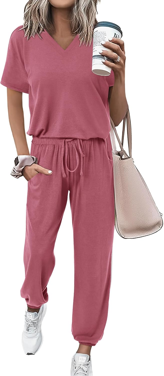 Summer Casual V Neck Jogger Set for Women with Pockets