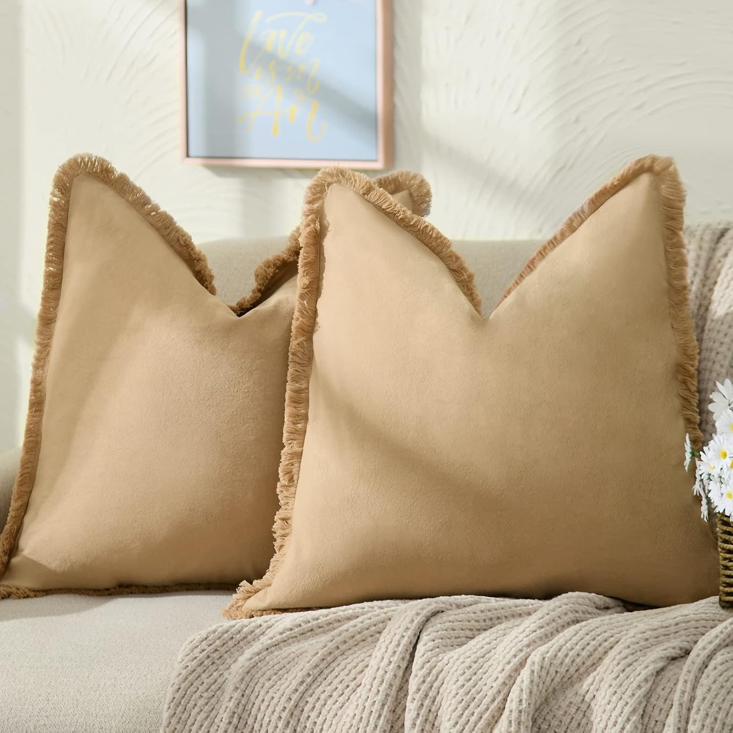 ZWJD 26x26 Khaki Throw Pillow Covers with Fringe for Chic Decor