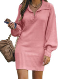 Women Casual V Neck Knit Mini Sweater Dress - Soft Ribbed Fall Fit