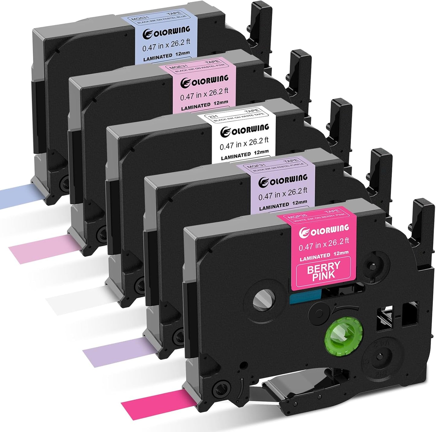 COLORWING 5-Pack 12mm Laminated Label Tape for Brother PT, Vibrant Colors