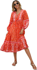 R.Vivimos Women's Long Sleeve Floral Bohemian Midi Dress - Flowy Beach