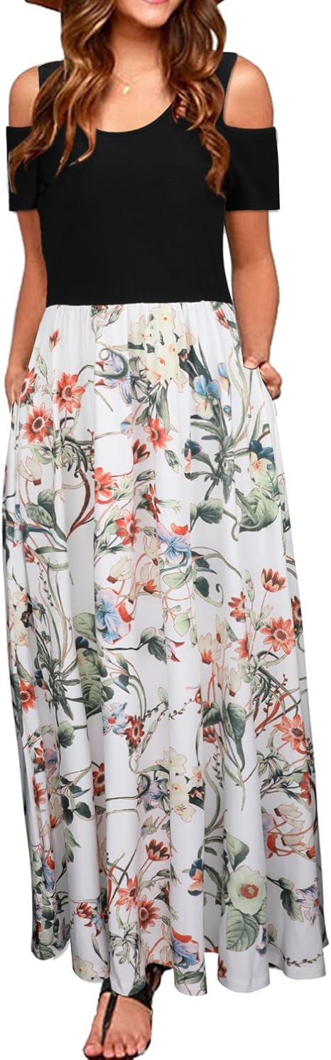 STYLEWORD Women's 2023 Summer Maxi Cold Shoulder Floral Dress