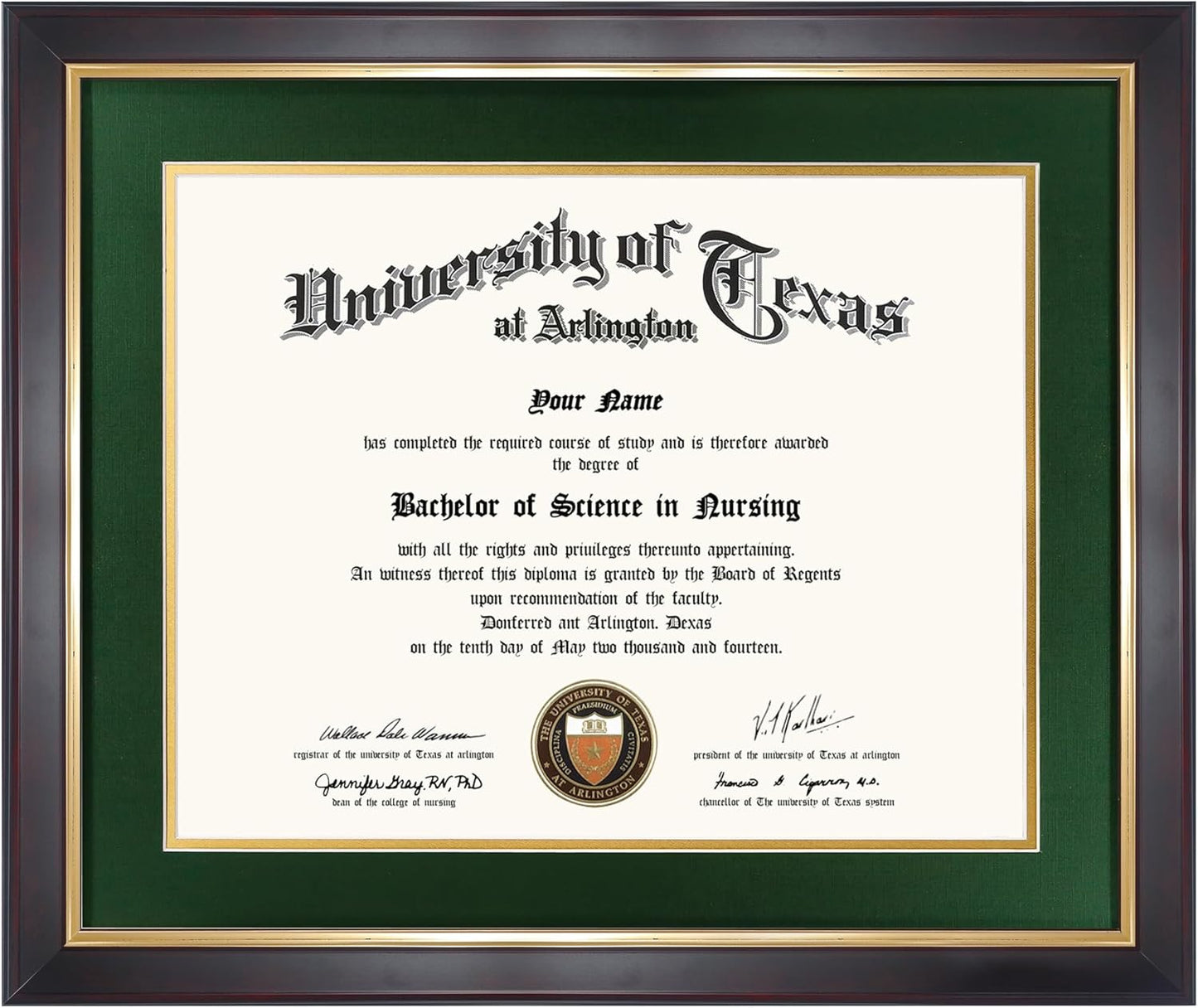 11x14 Wood Diploma Frame with Green Mat and Gold Trim Finish