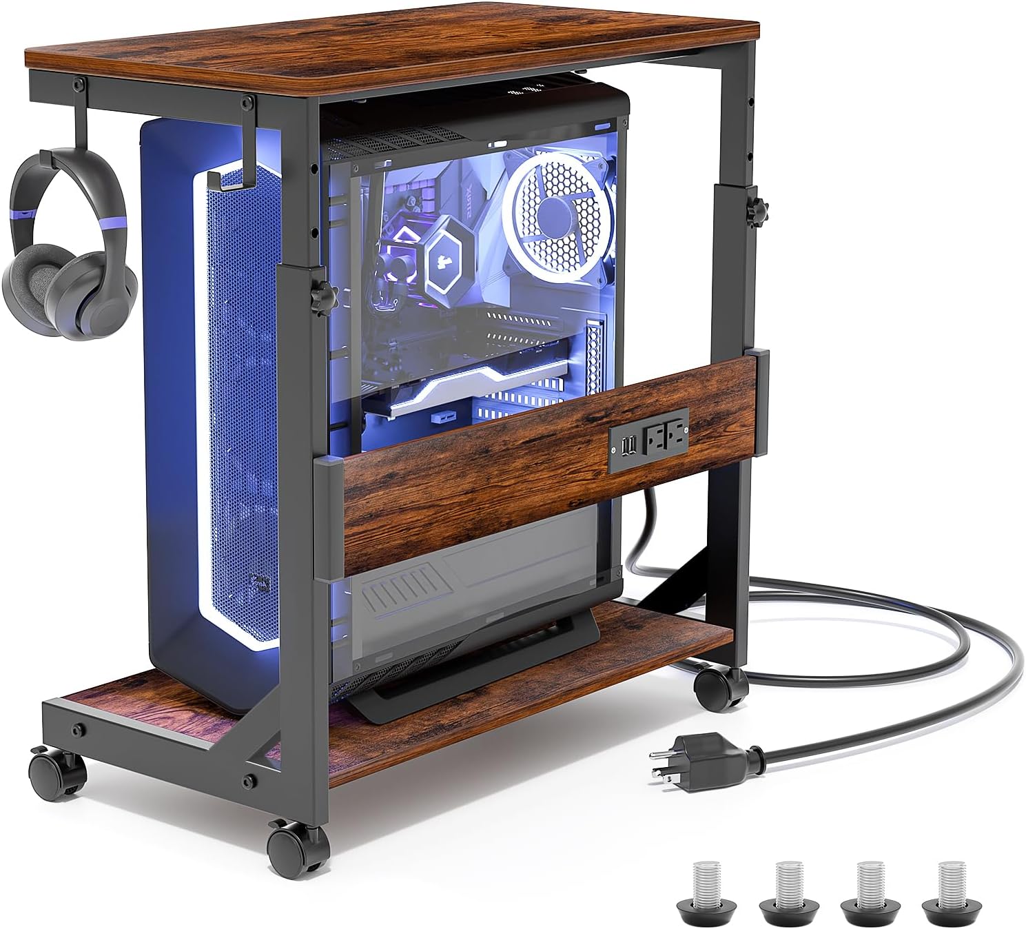 Height Adjustable Computer Tower Stand with USB Charging Port