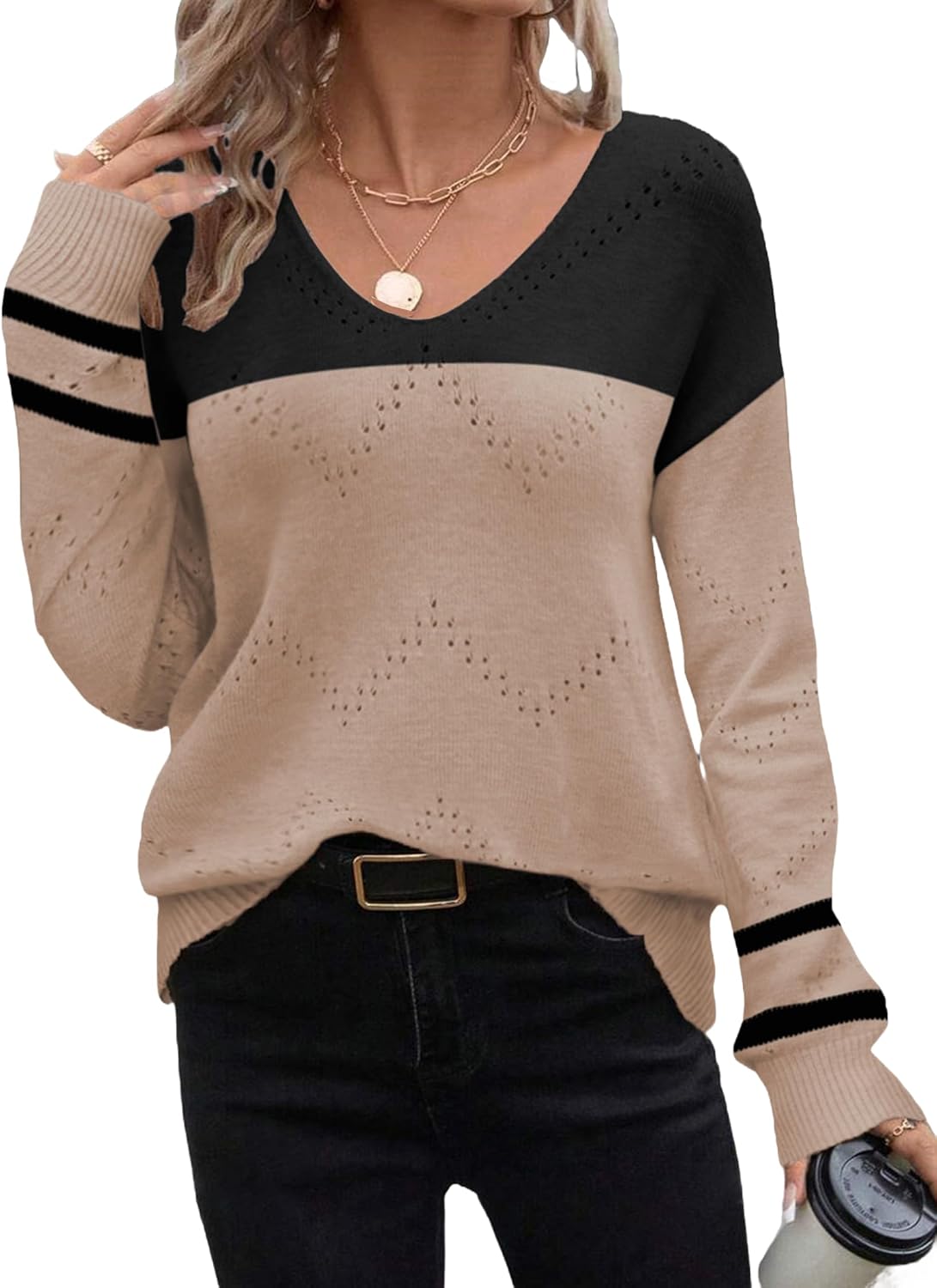 Trendy Casual Long Sleeve V Neck Off Shoulder Sweater for Women
