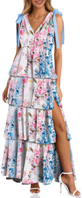 Wenrine Womens Floral Maxi Dress with High Slit - Boho Tiered