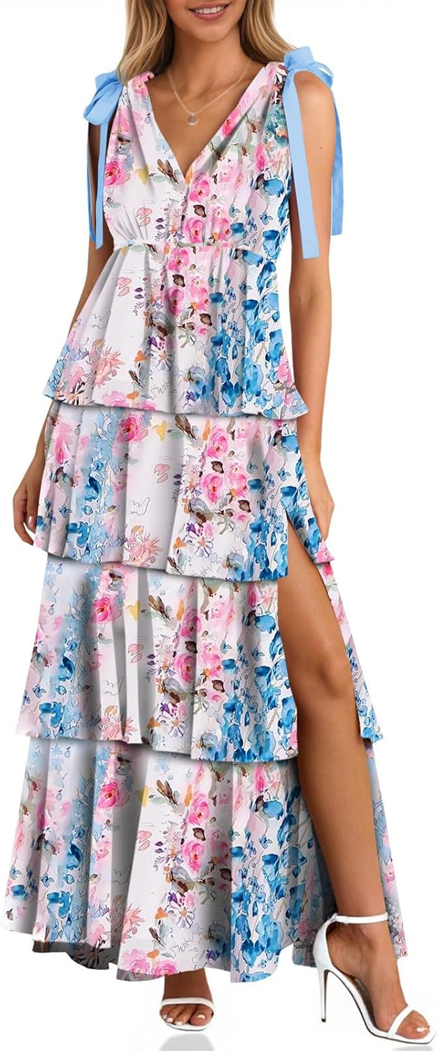 Womens Summer Floral Maxi Dress with Tie Straps and High Slit