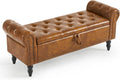 Storage Ottoman Bench with Rolled Arms - Tufted Leather Seat