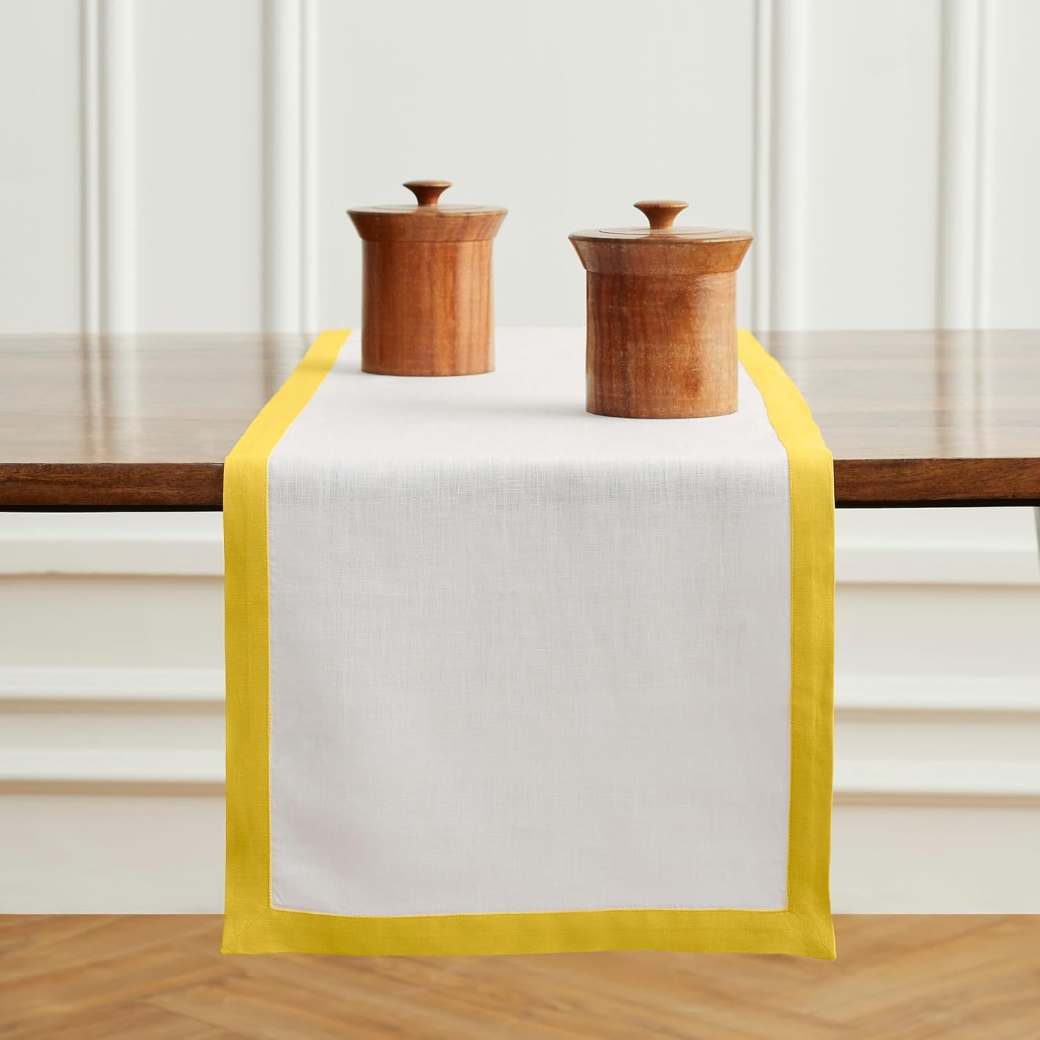 Elegant Sunshine Yellow and White Linen Table Runner for Dining