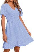 Womens Beach Vacation Dress V Neck Smocked Swiss Dot Mini - Chiffon