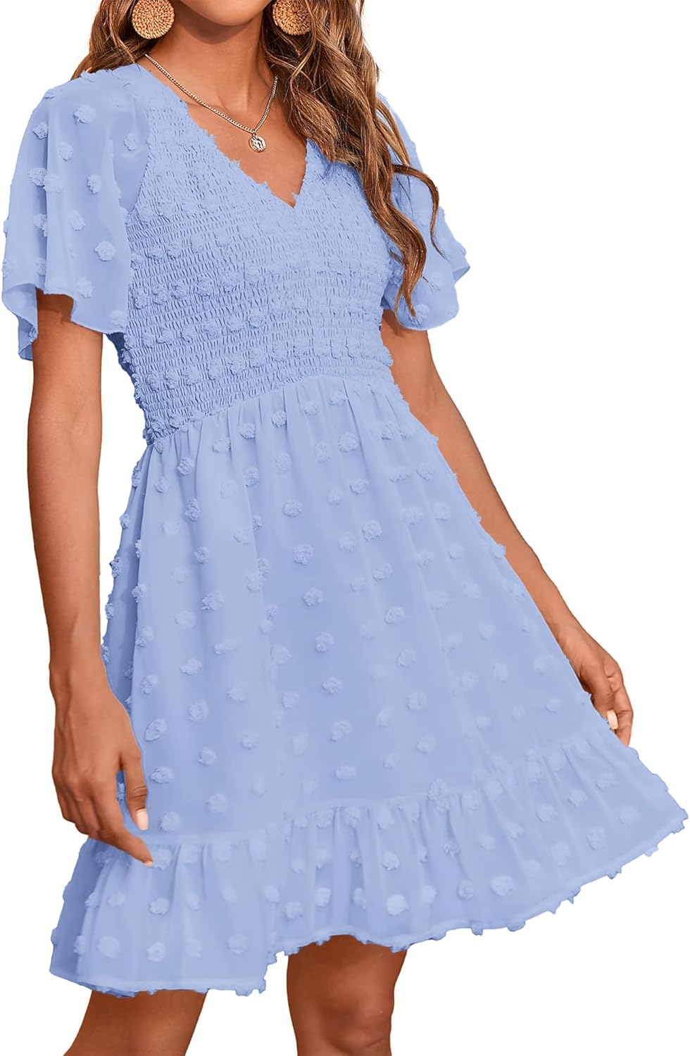 Womens Beach Vacation Dress V Neck Short Sleeve Smocked Mini