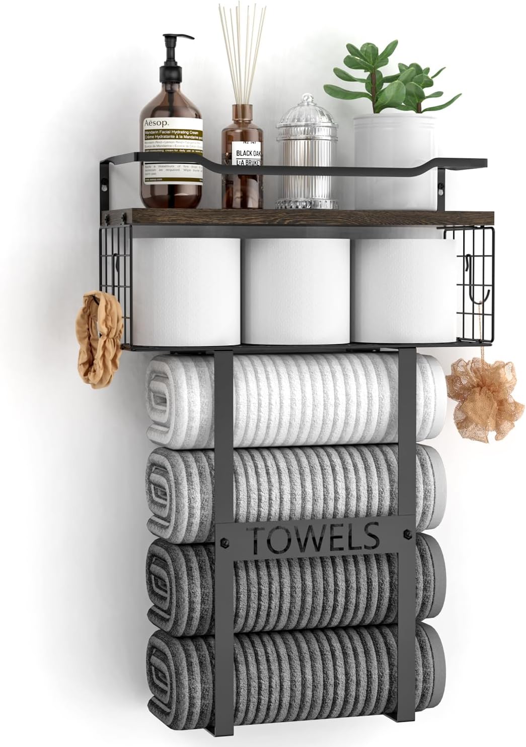 Rustic Brown Wood Vertical Towel Rack for Small Bathrooms