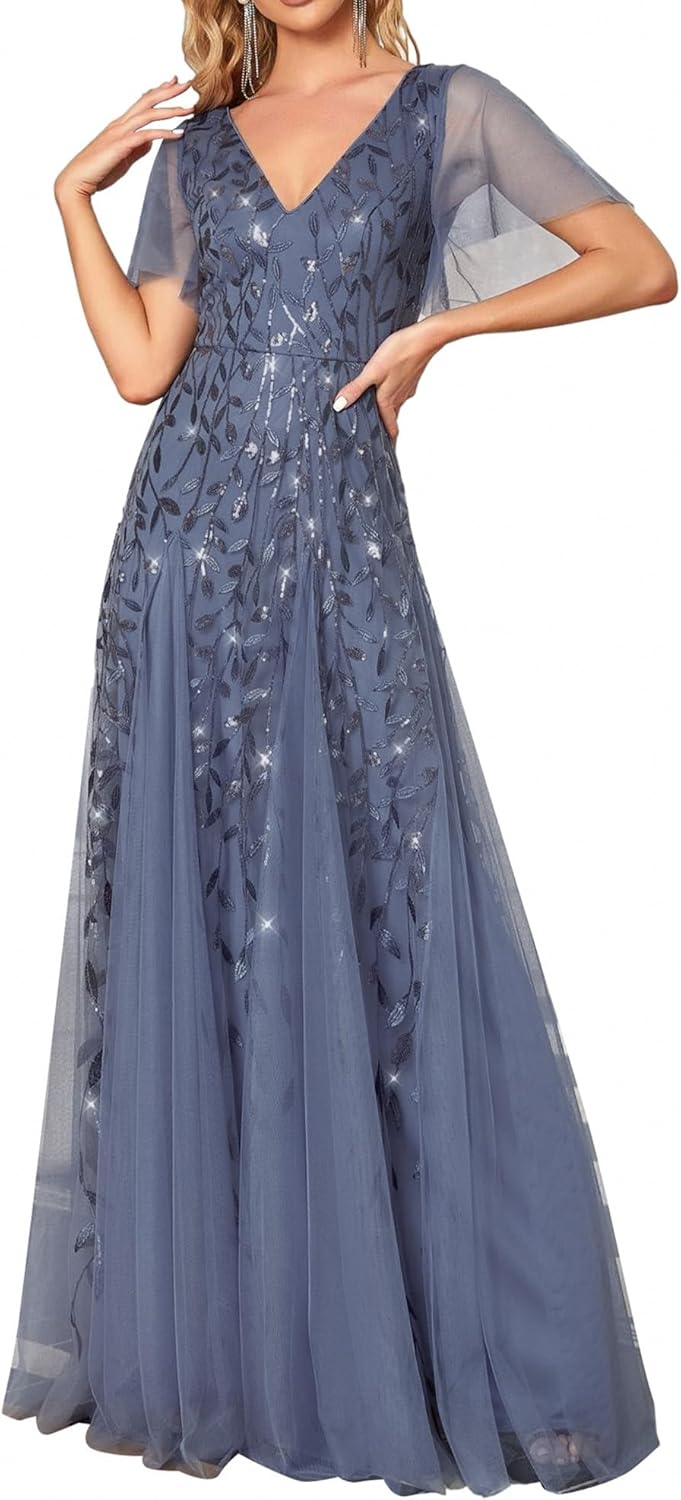 Stunning Sequin Sparkly V-Neck A-Line Evening Dress for All Occasions