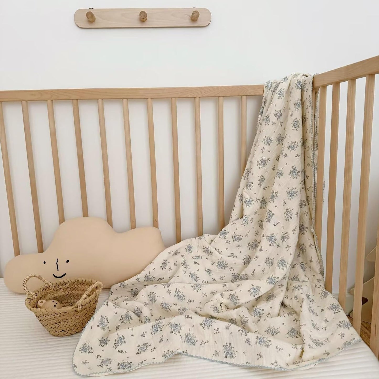 BuLuTu Blue Floral Muslin Blanket for Toddler Bed and Crib