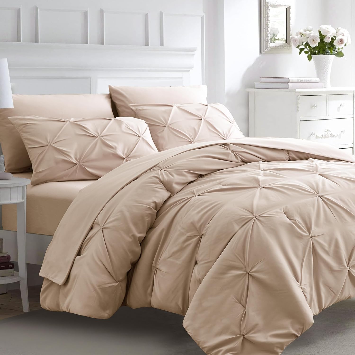 Ubauba 7pc Beige Queen Comforter Set for Elegant Home Decor
