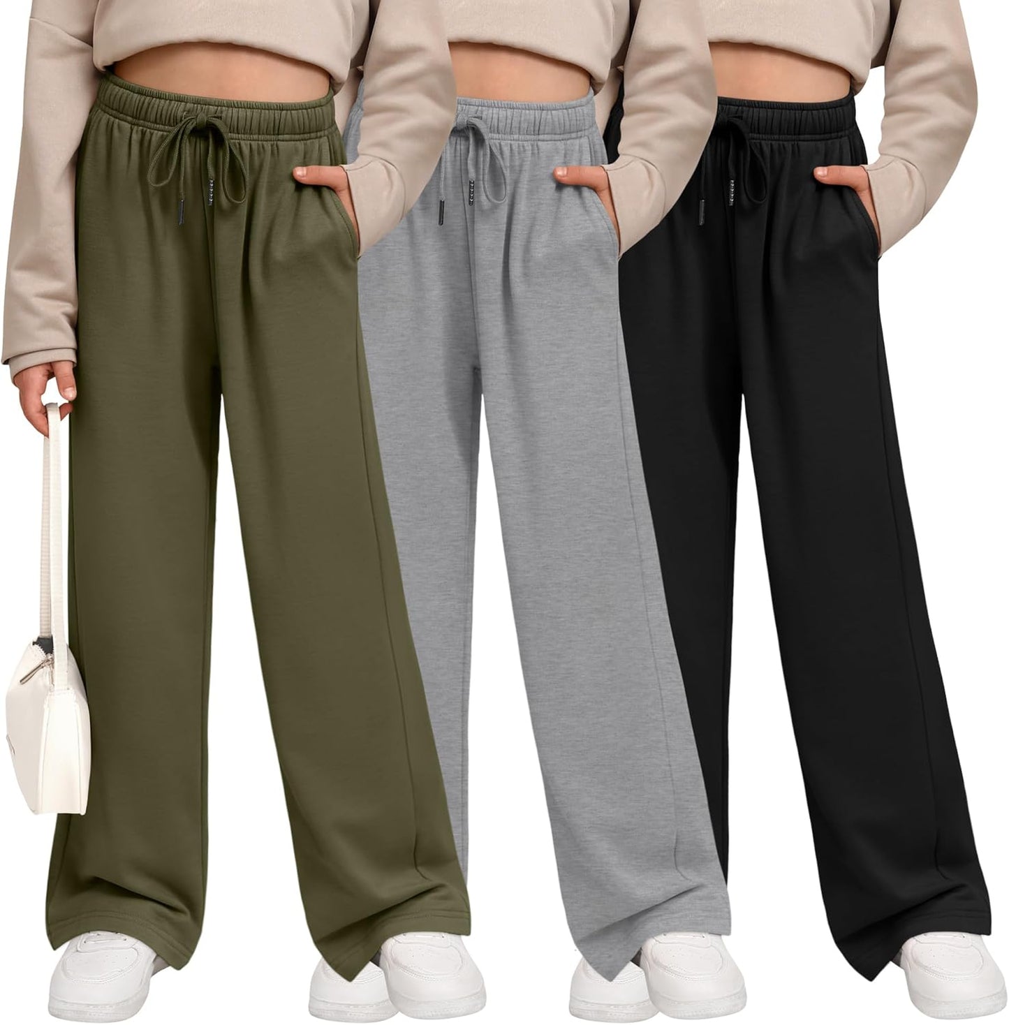 3 Pack Girls' Sweatpants Wide Leg Casual Joggers with Pockets