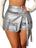 Women Metallic Faux Leather High Waisted Cargo Skort - Shiny Rave Look