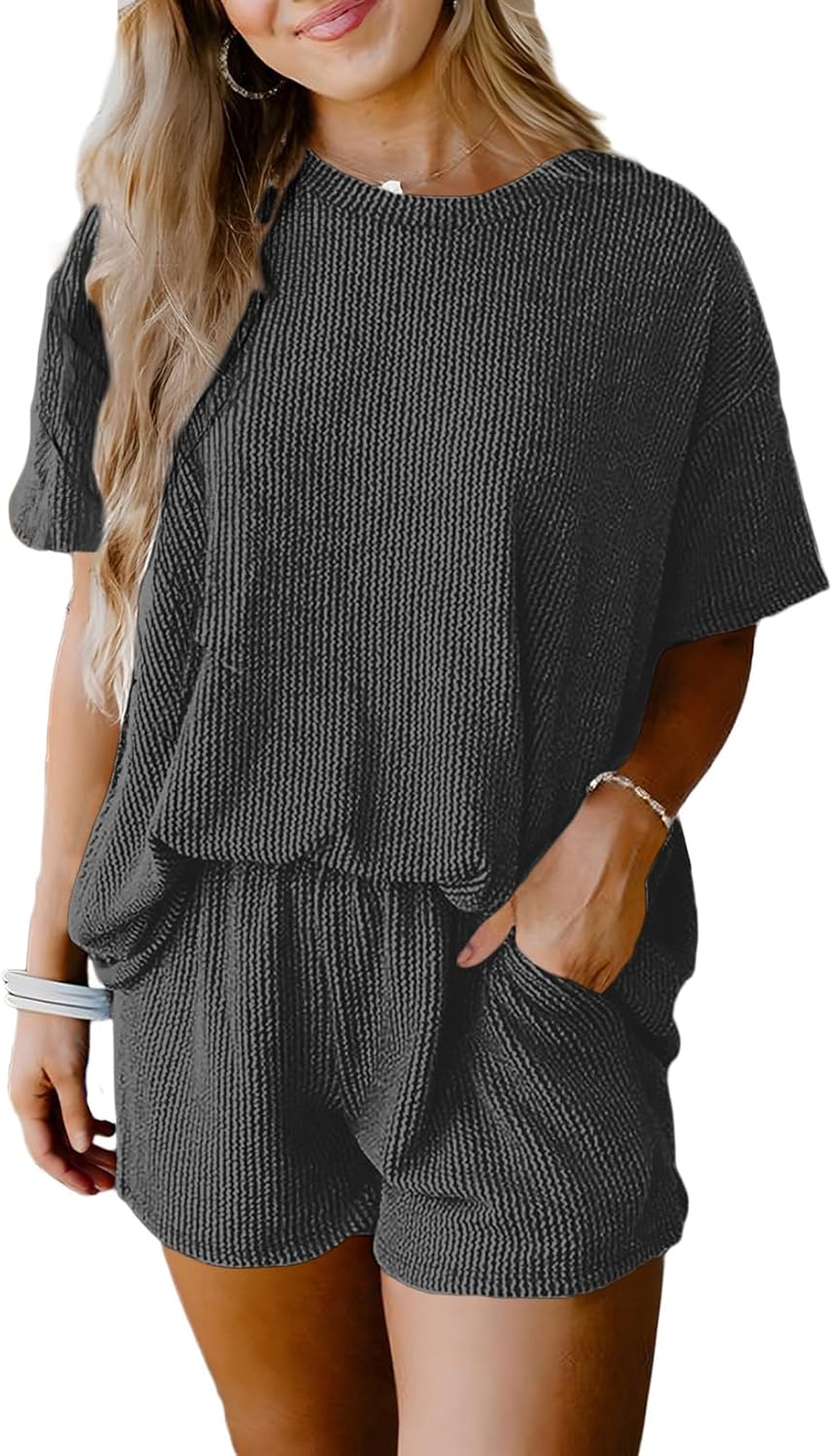 SHEWIN Two Piece Set for Women: Short Sleeve Shirts & Shorts
