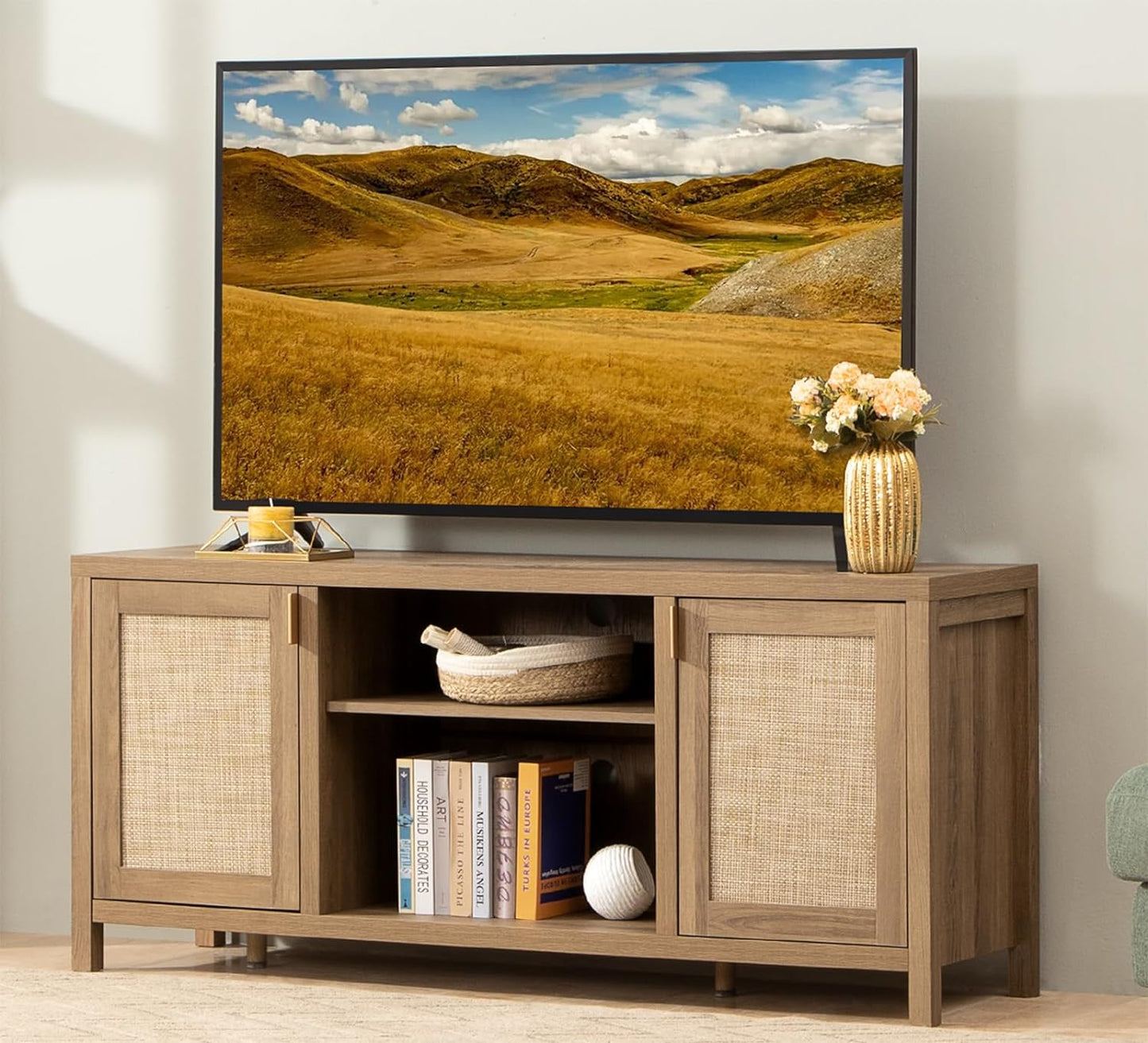 Boho Rattan TV Stand with Storage - 59 Media Console