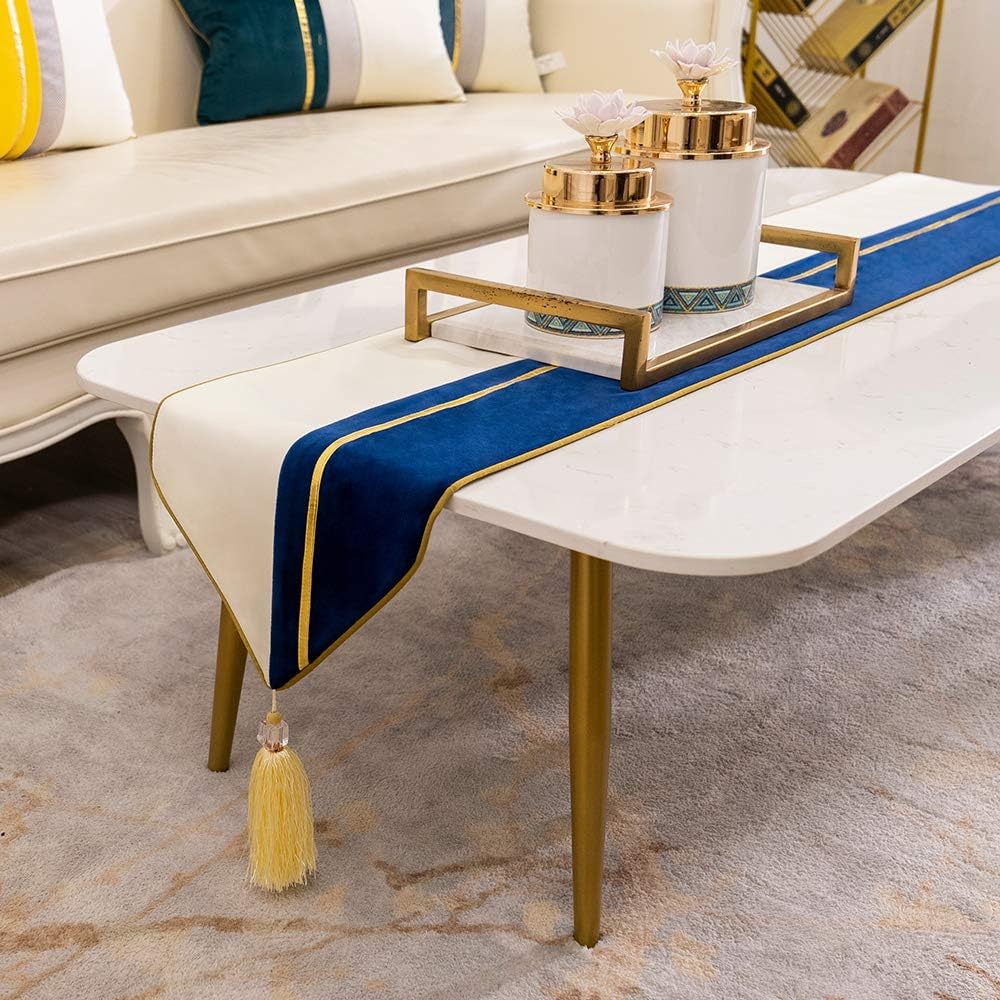 Luxury Navy Blue White Gold Table Runner for Elegant Decor