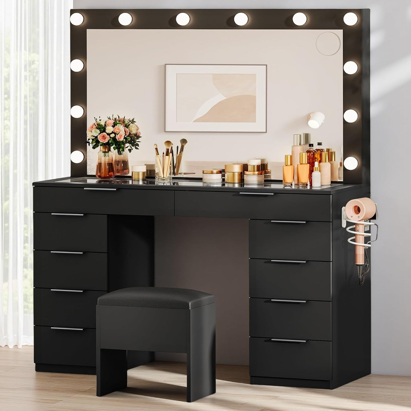 DWVO 46ft' Glass Top Vanity Desk with 10 Drawers and LED Lights