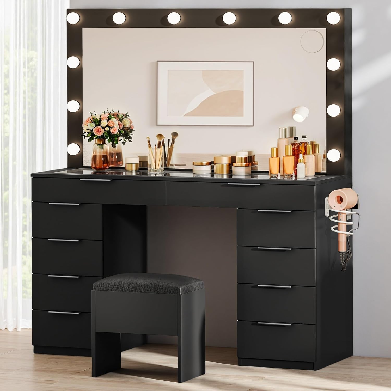 DWVO 46ft' Glass Top Vanity Desk with 10 Drawers and LED Lights