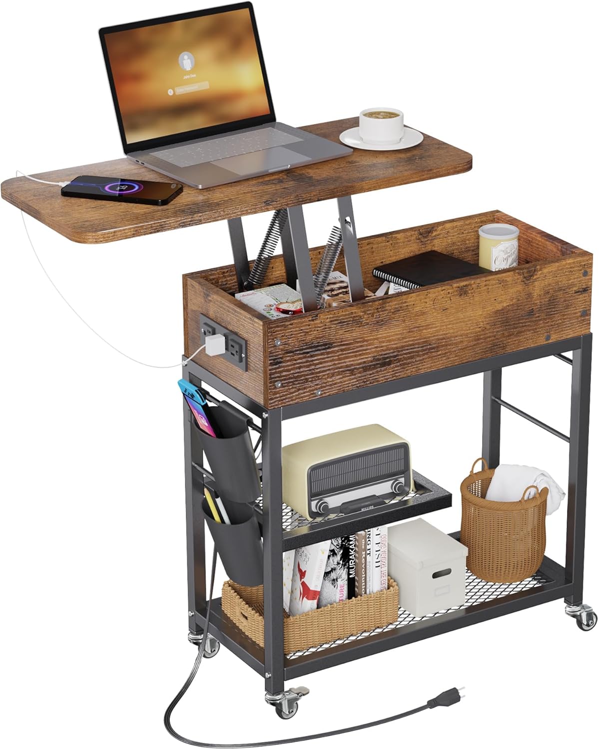 Colima Lift Top End Table with Charging Station and Wheels
