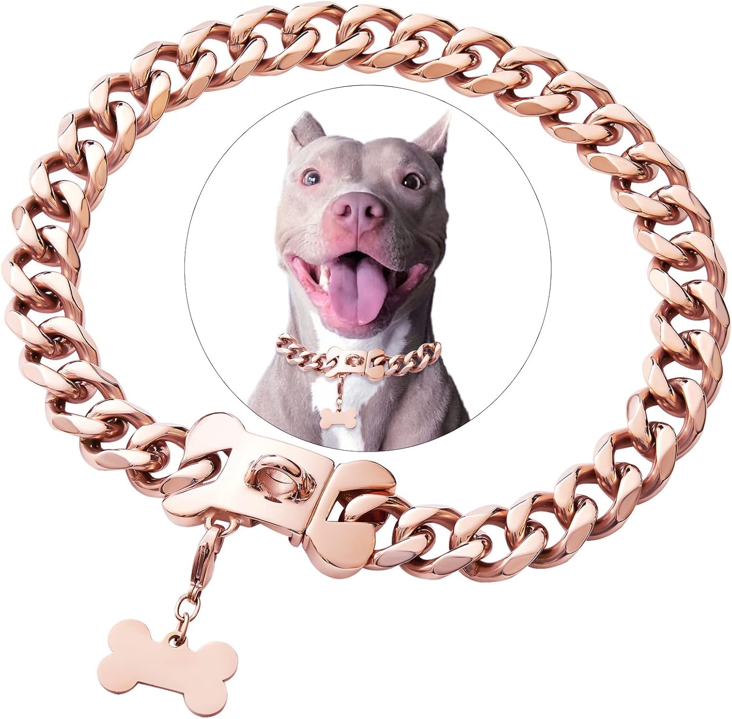 Rose Gold Stainless Steel Cuban Link Heavy Duty Dog Collar