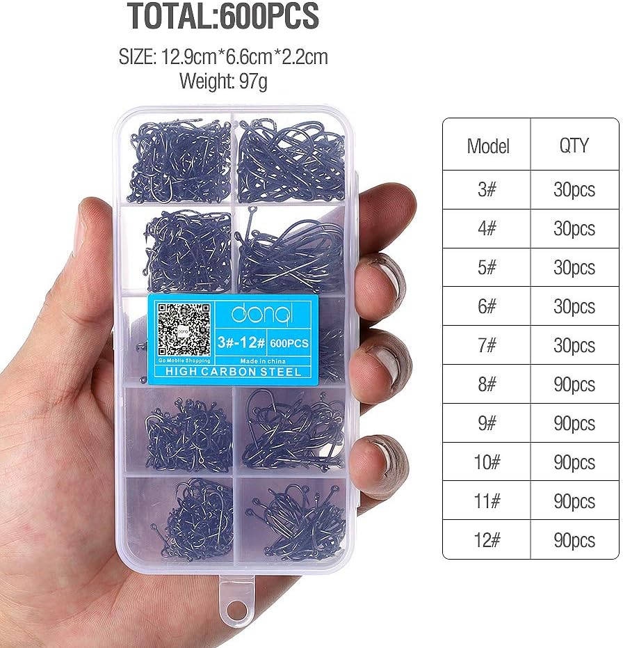 600Pcs Carbon Steel Barbed Fishing Hooks Kit
