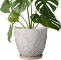 8 Inch Ceramic Plant Pot with Drainage and Saucer - White Floral